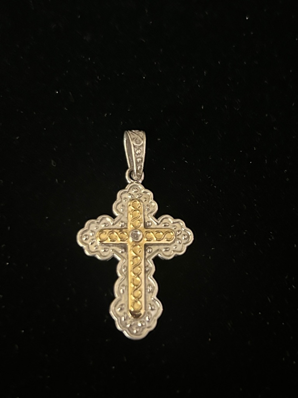 Stamped 14K Yellow Gold, Sterling Silver & Diamond Cross Pendant Charm - EUC